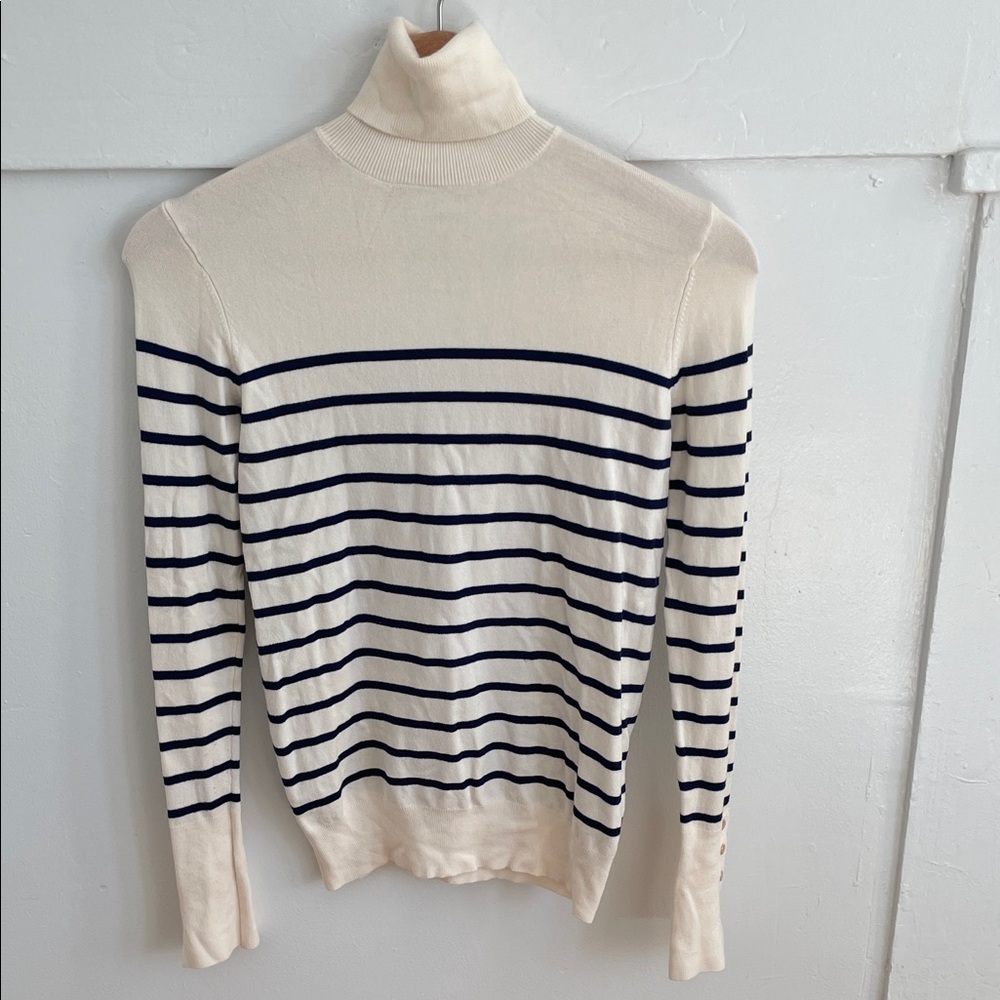 Zara Ivory and Navy Striped Turtleneck Sweater
